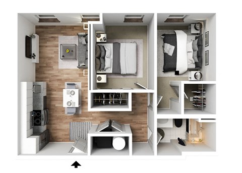 Floor plan for 2 beds, 1 bath, 797 sqft